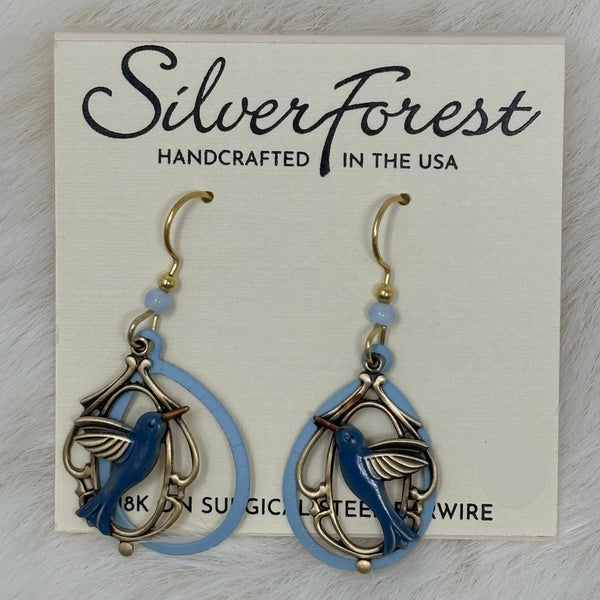 Blue Hummingbird in Tear Earrings My Secret Garden