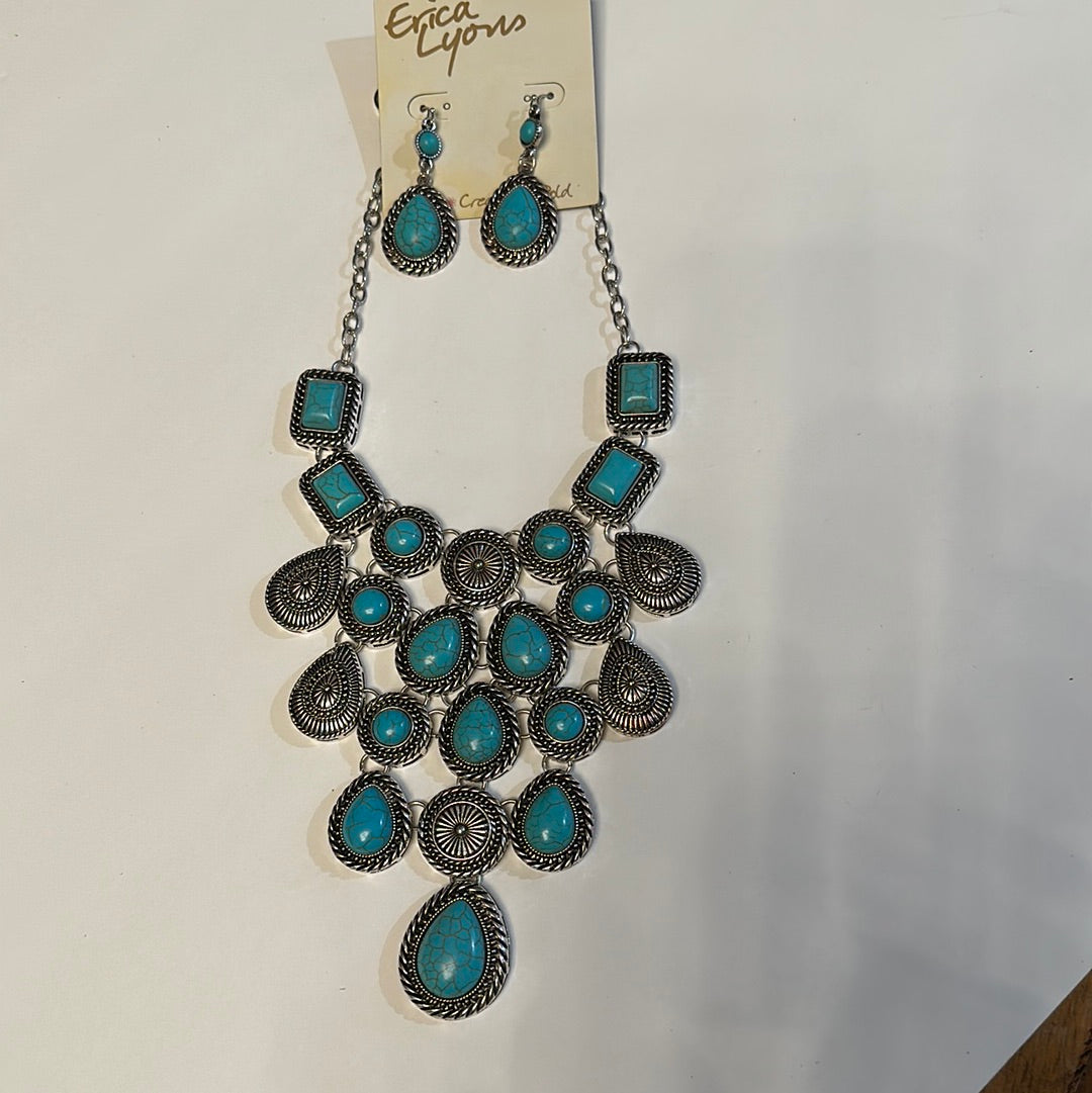 Turquoise &amp; Silver Teardrop Earrings and necklace set