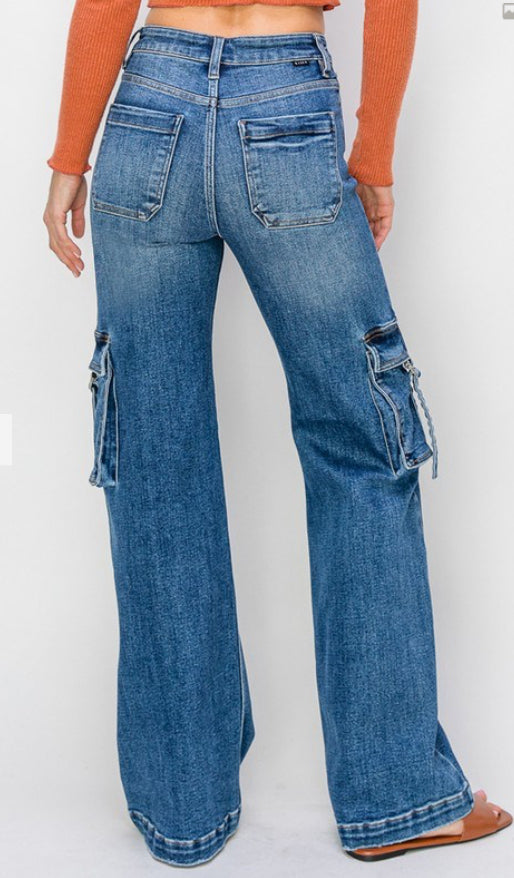 High Rise Side Cargo Pocket Wide Jeans