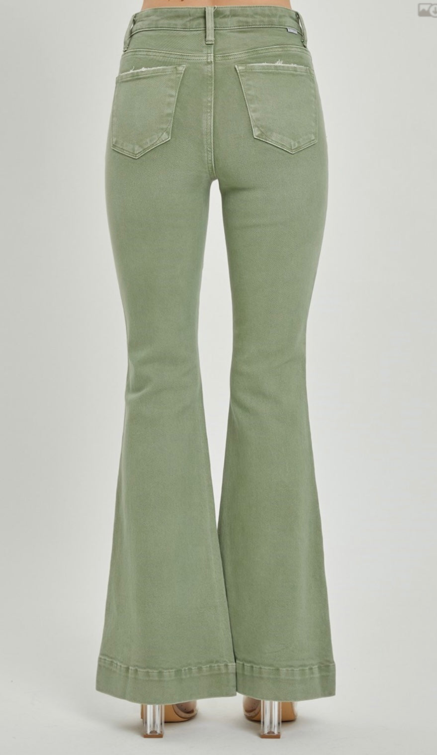 Olive High Rise Front Patch Pocket Jeans w/ Bell Bottom Leg