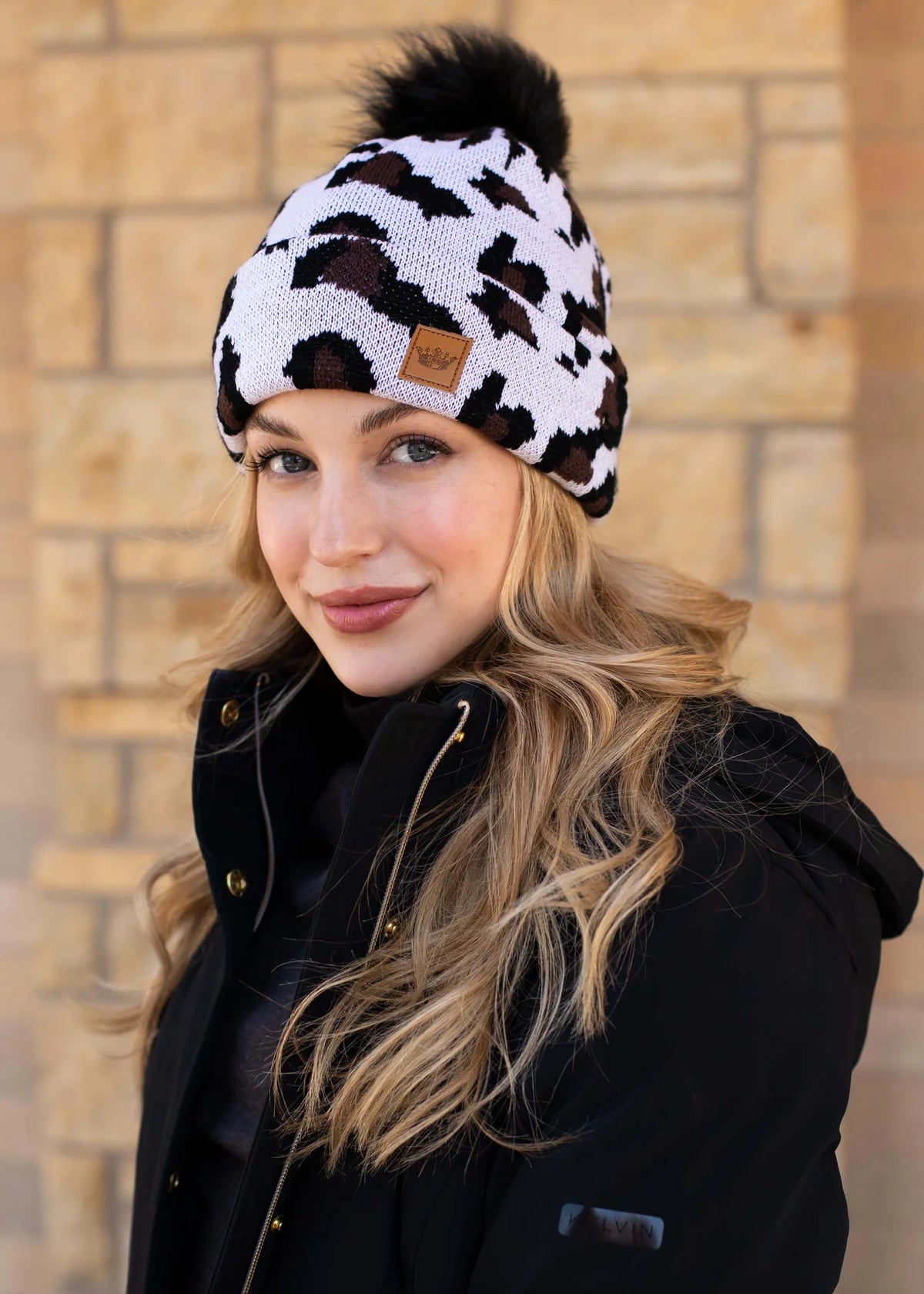 White/Black Animal Print Hat w/ Fur Pom