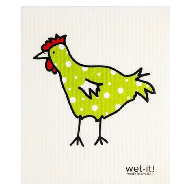 ivory colored rectangle shaped scrubbing pad with a large lime green with white polka dots chicken screen printed on it