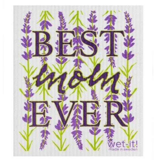 ivory colored rectangle shaped scrubbing pad with Best Mom Ever screen printed on it in deep purple over top of a background of lavender stems