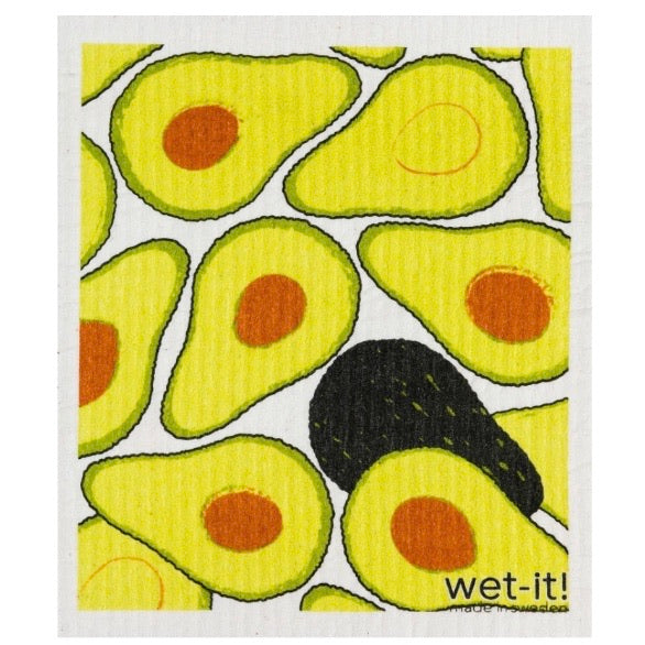 ivory colored rectangle shaped scrubbing pad with multiple avocados screen printed on it