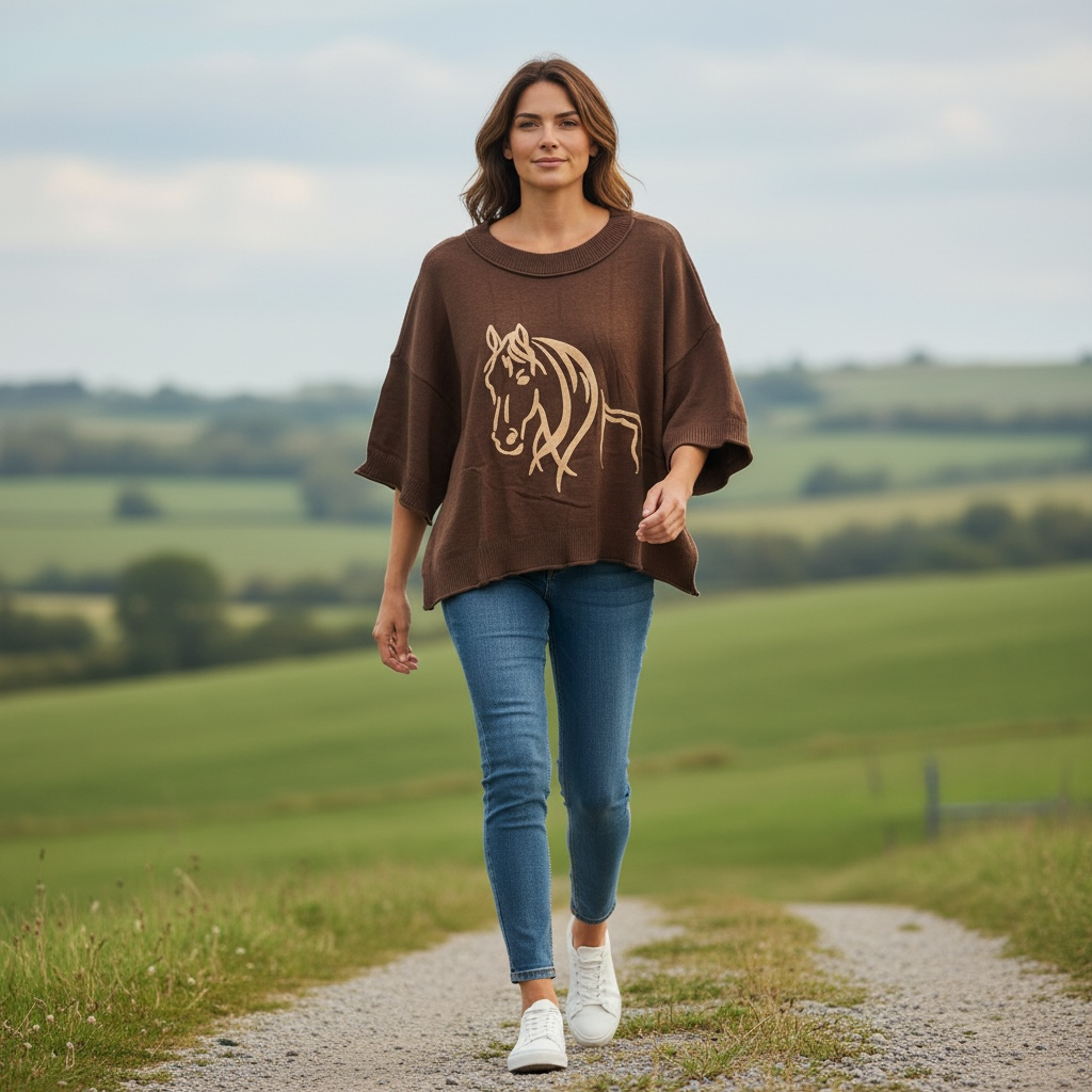 Brown Western Horse Sweater w/Elbow Length SL