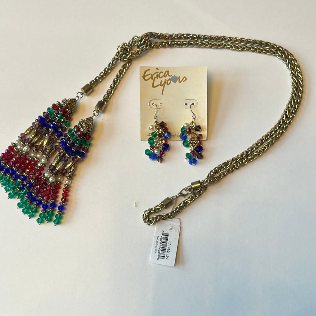 Multi Color Bead Cluster Drop Earrings and necklace set