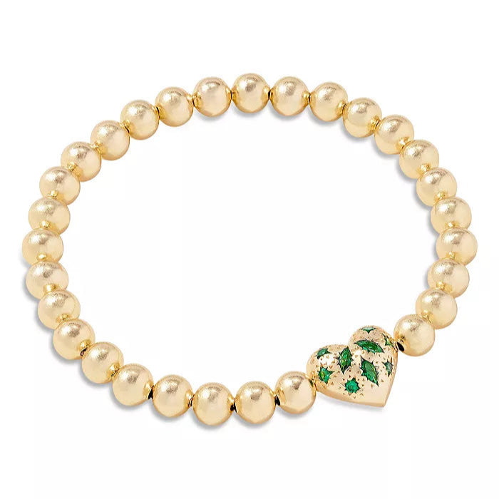 Holland Gold Heart Stretch Bracelet in Green Crystal