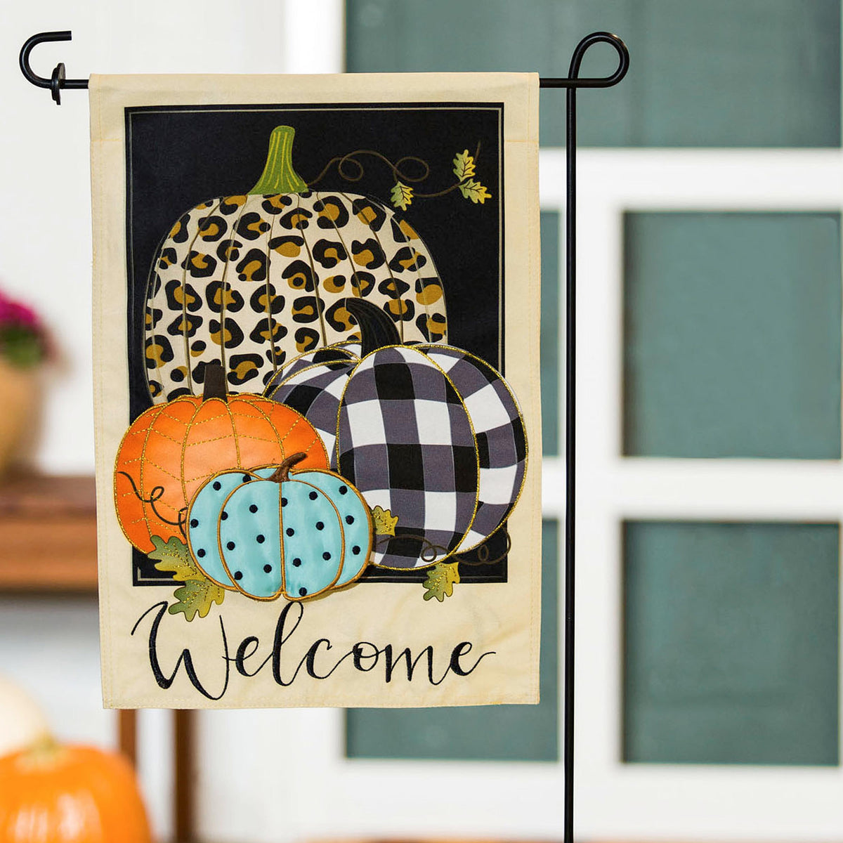 Mixed Print Pumpkins Applique Garden Flag
