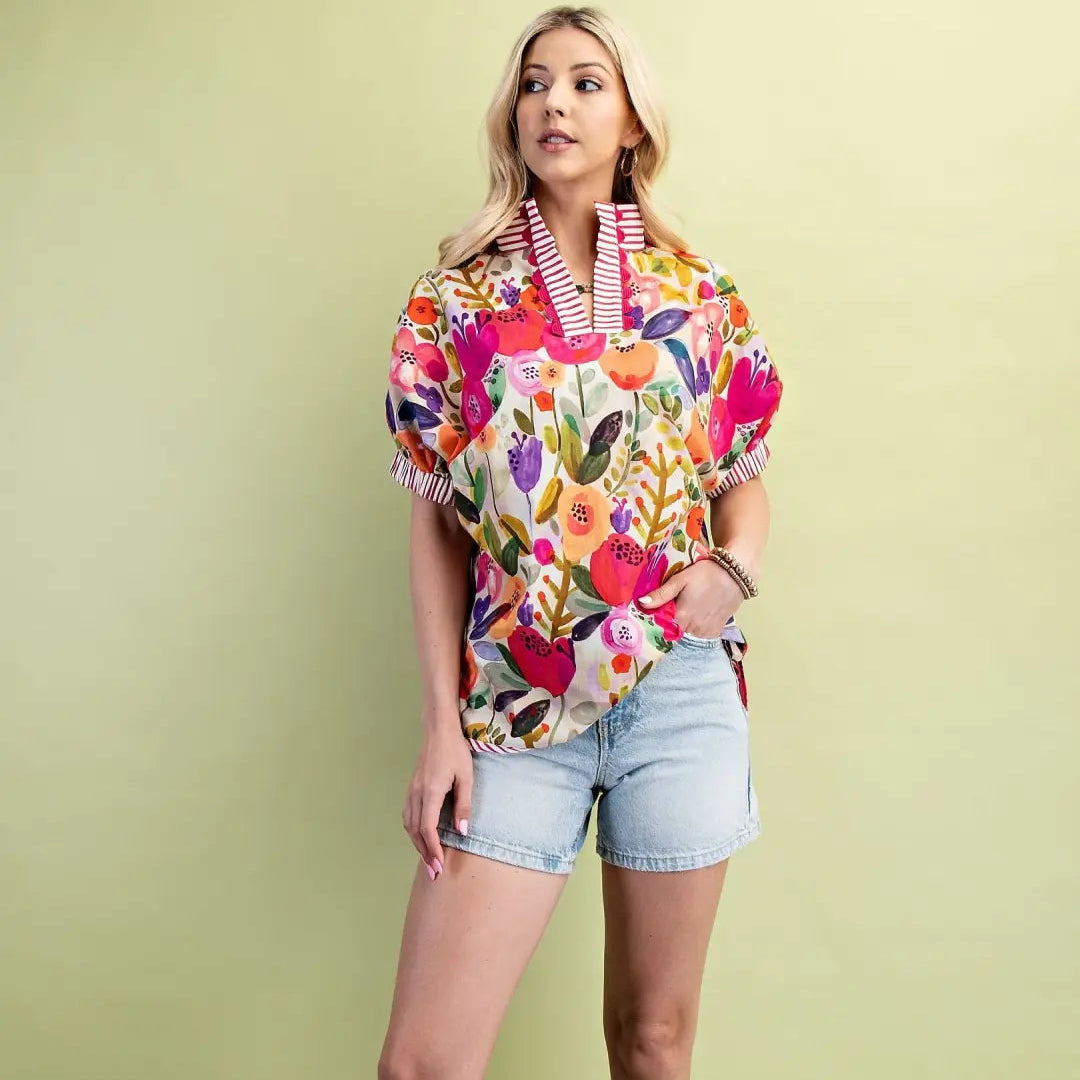 Fuchsia Floral Mock Neck Top