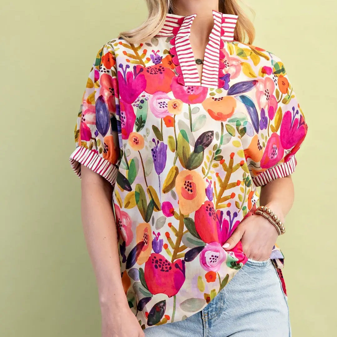 Fuchsia Floral Mock Neck Top