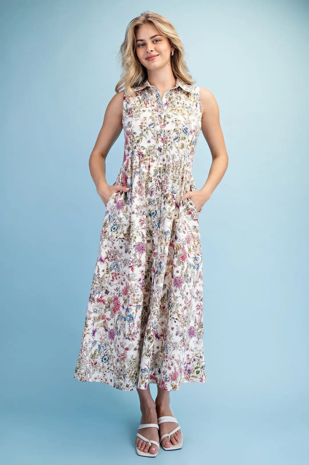 Garden Print Sleeveless Midi Dress
