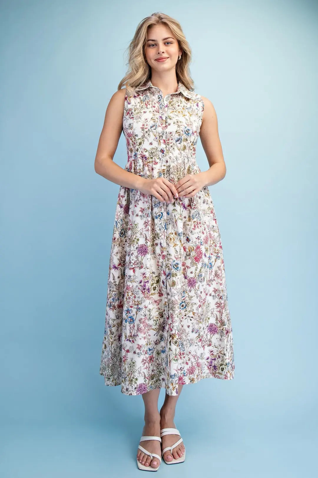 Garden Print Sleeveless Midi Dress