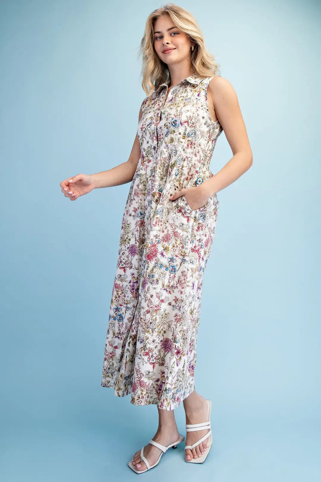 Garden Print Sleeveless Midi Dress