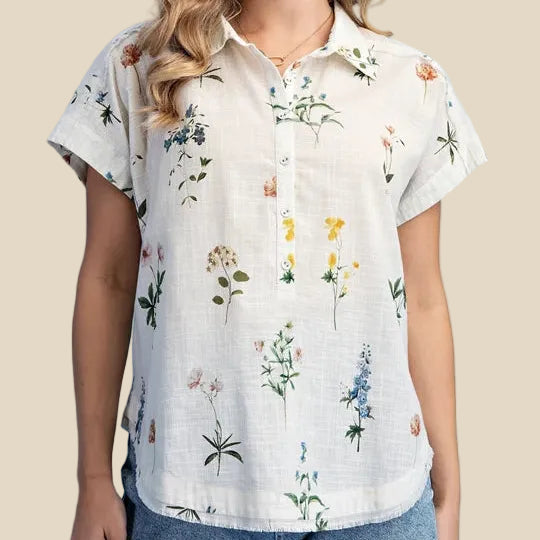 Ivory Mix Floral Raw Edge Blouse