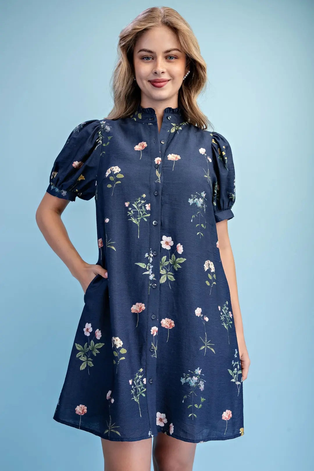 Navy Mix Crinkled Floral Ruffled Neck Dress