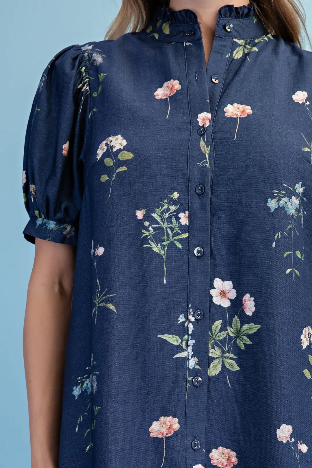 Navy Mix Crinkled Floral Ruffled Neck Dress