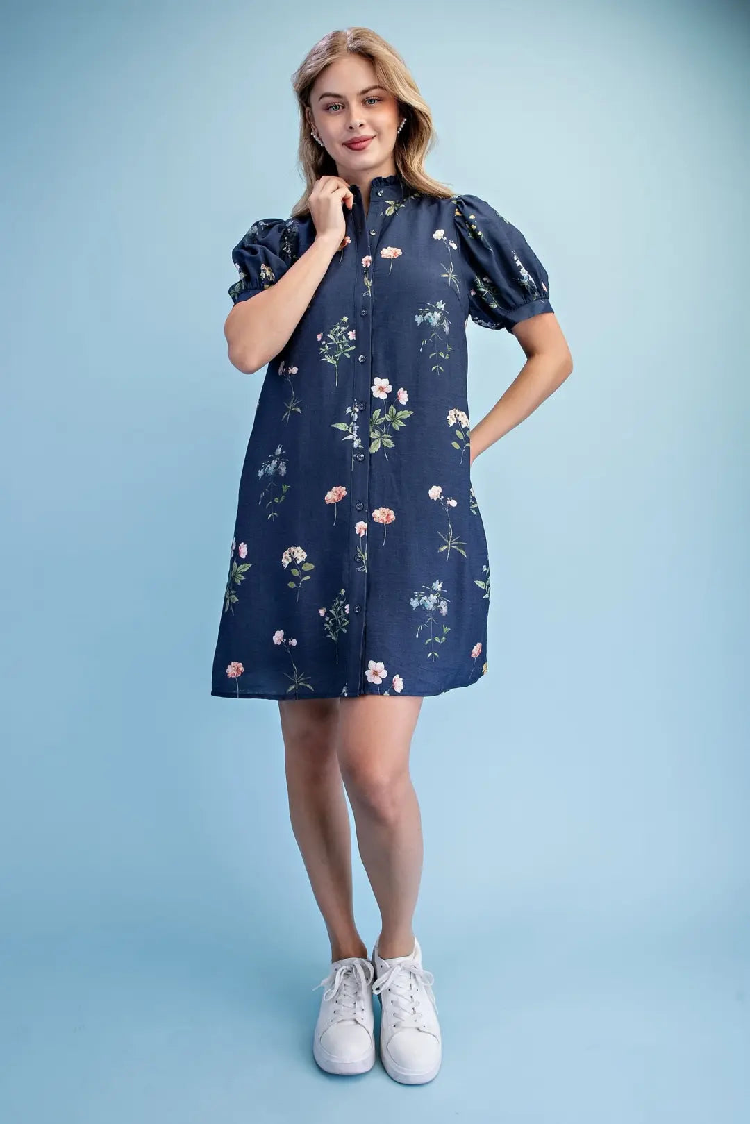 Navy Mix Crinkled Floral Ruffled Neck Dress