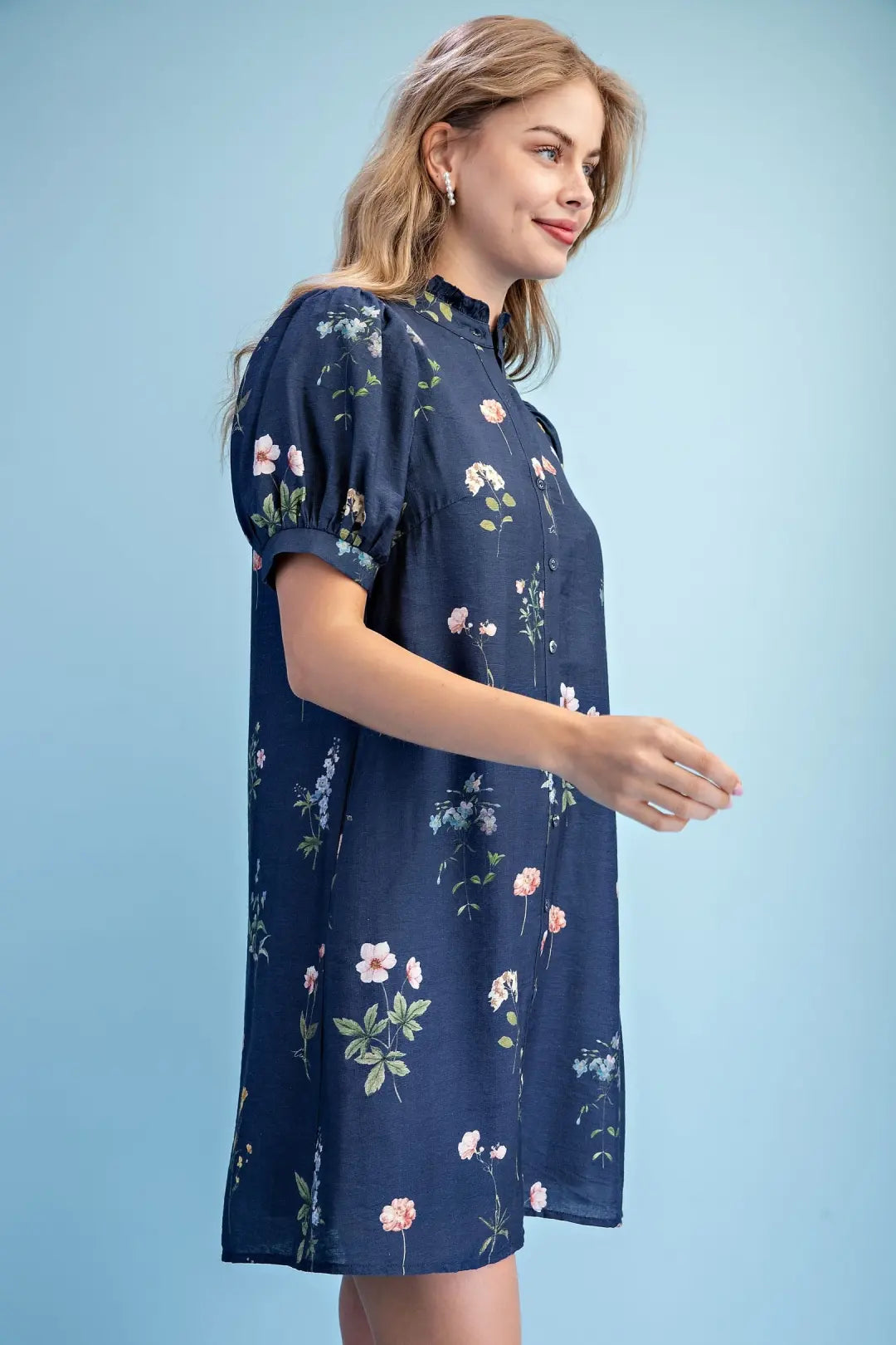 Navy Mix Crinkled Floral Ruffled Neck Dress