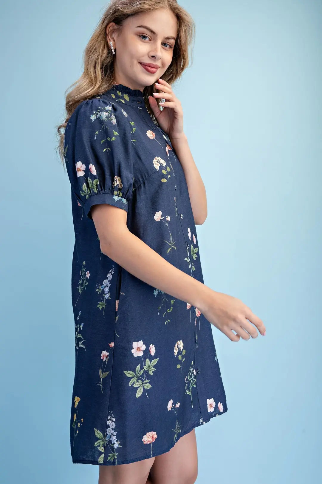 Navy Mix Crinkled Floral Ruffled Neck Dress