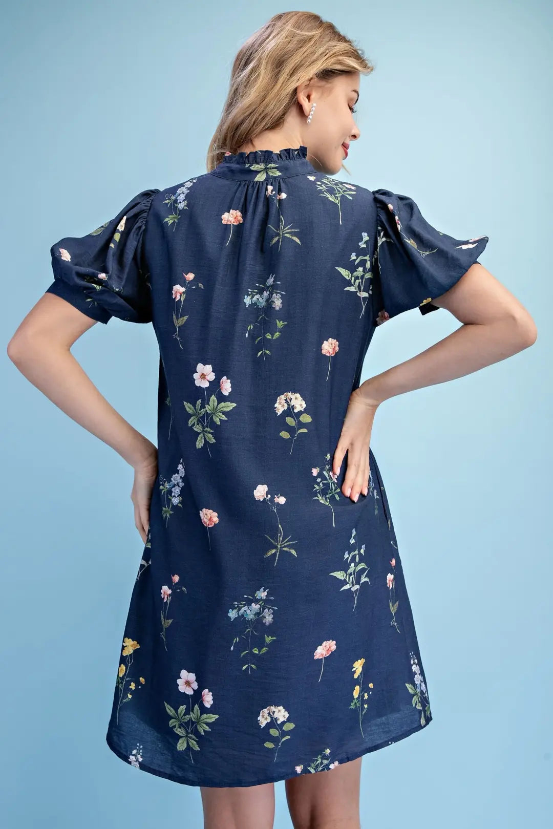 Navy Mix Crinkled Floral Ruffled Neck Dress