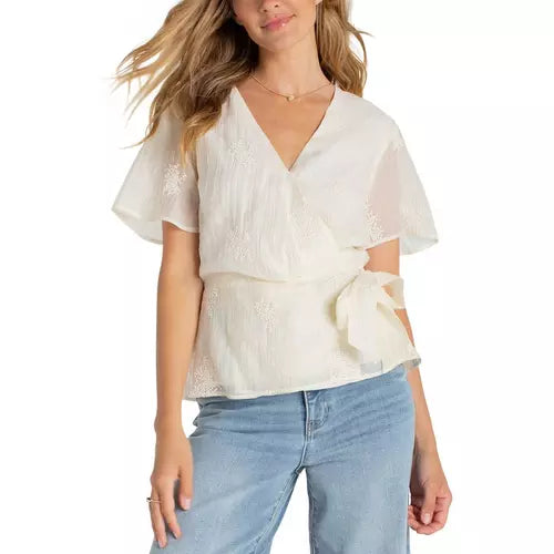 Short Sleeve Wrap Front Woven Top w/ Tie