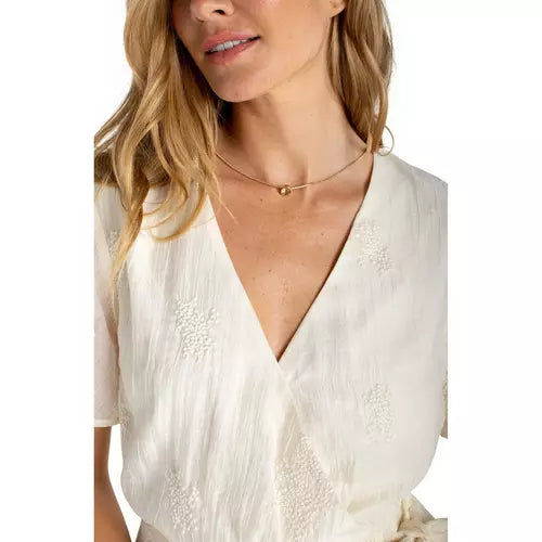 Short Sleeve Wrap Front Woven Top w/ Tie
