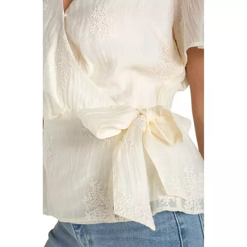 Short Sleeve Wrap Front Woven Top w/ Tie