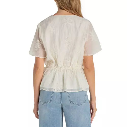 Short Sleeve Wrap Front Woven Top w/ Tie