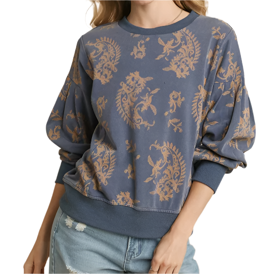 Denim Mineral Wash Paisley Print French Terry Top