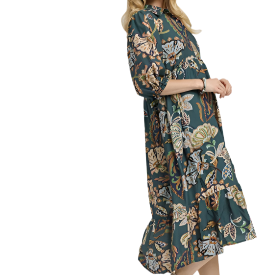 Teal Floral Printed Midi Dress