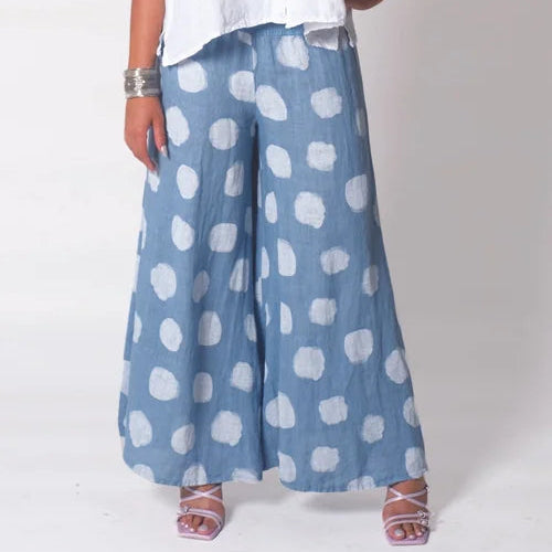 Blue Linen Denim White Dots Pants