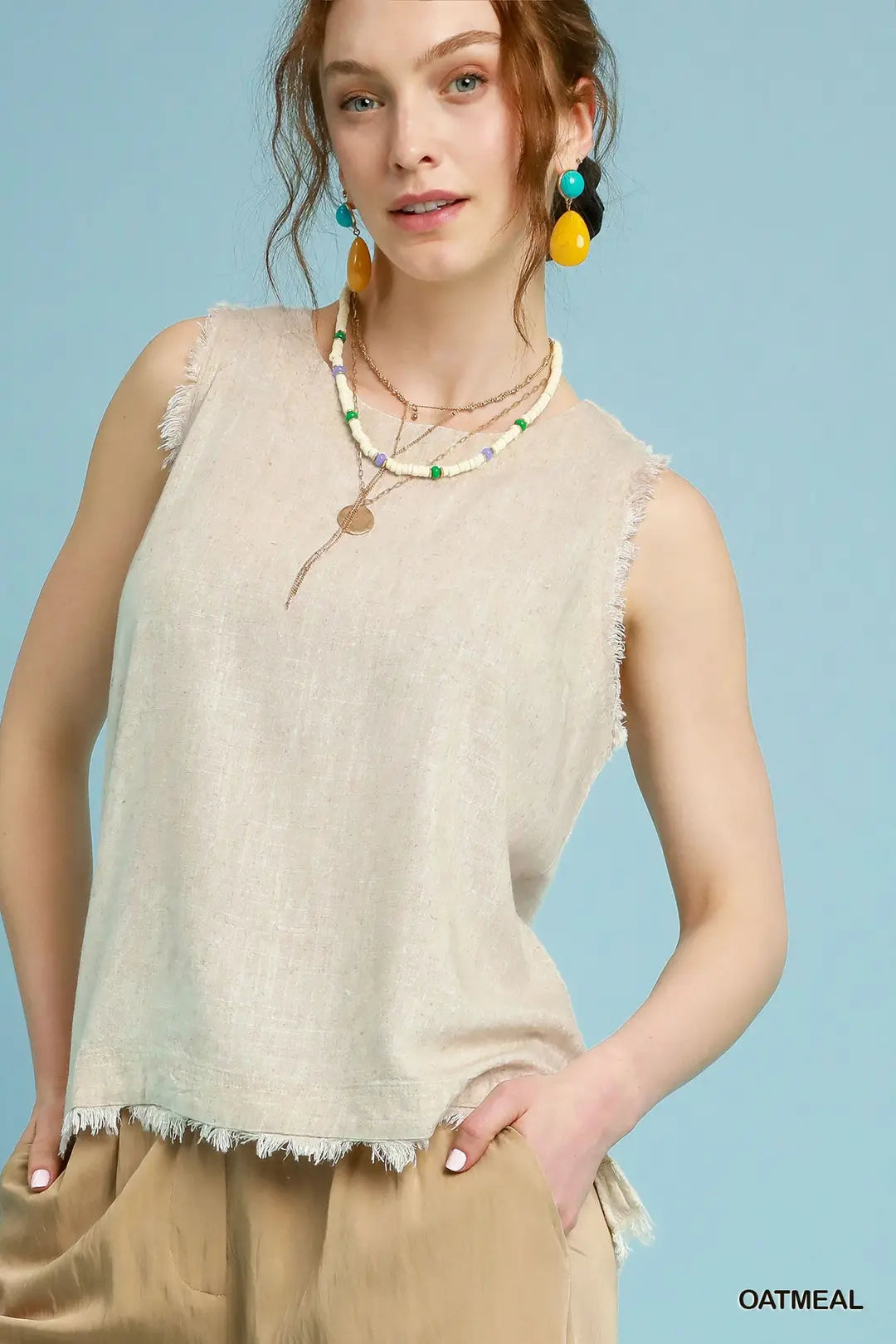 Linen Frayed Edge Sleeveless Top