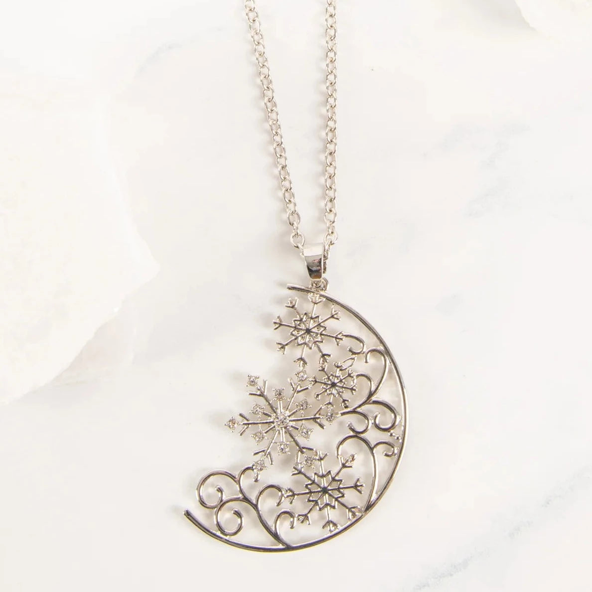 Snowflake Crescent Moon Pendant Silver Necklace