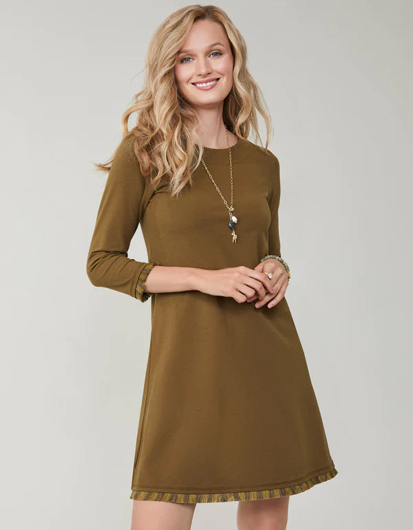 Island Fringe 3/4 Sleeve Dress Olive