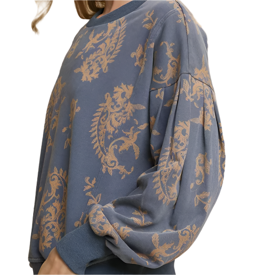 Denim Mineral Wash Paisley Print French Terry Top