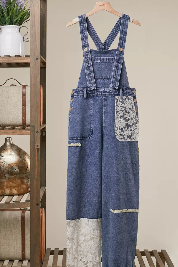 Denim Overall w/ Lace Patch Block