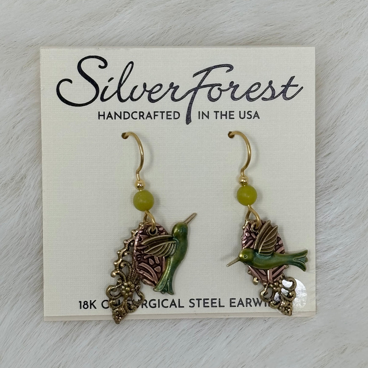 Green/Gold Hummingbird on Filigree Earrings