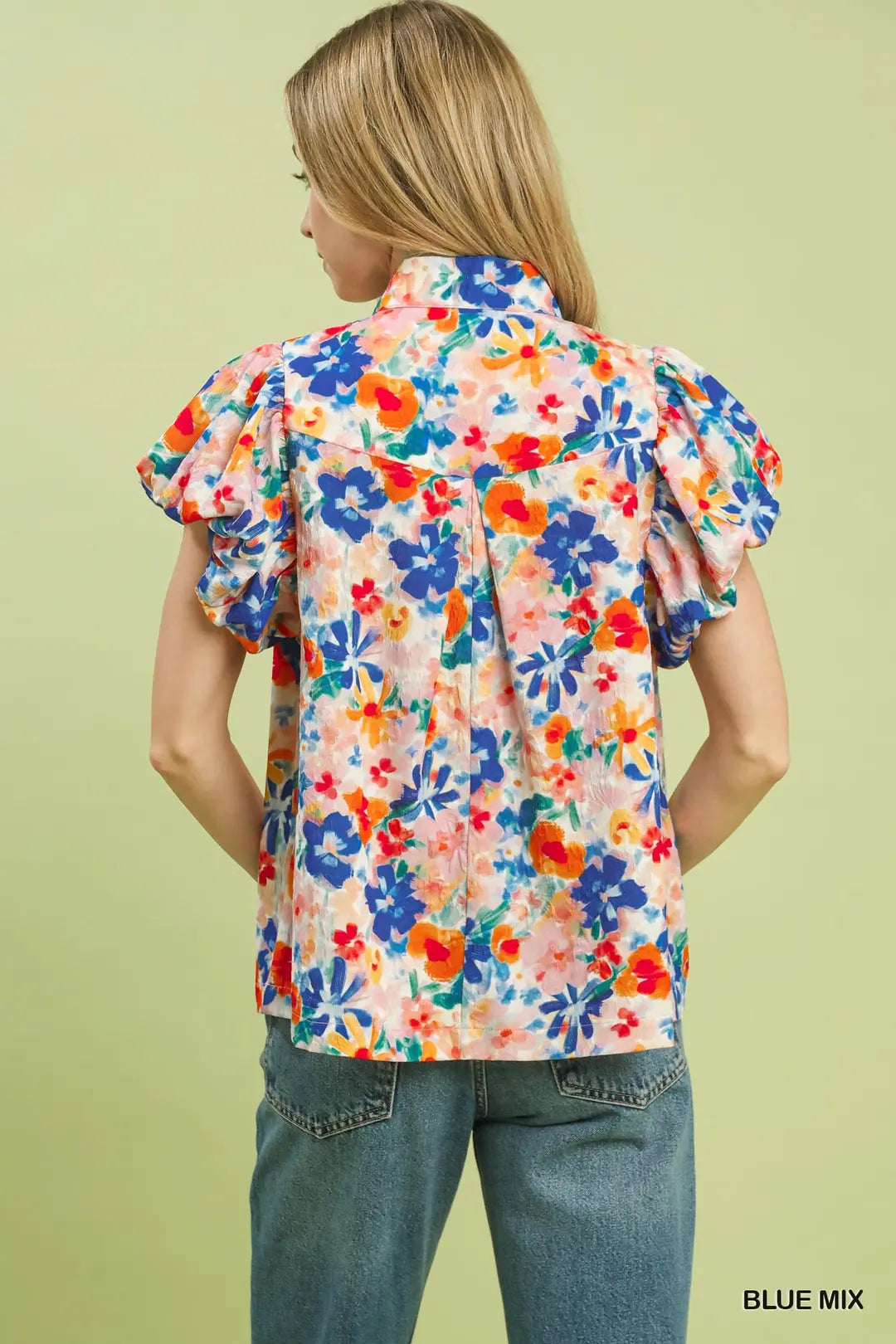 Floral Print Textured Top w/Stripe Band