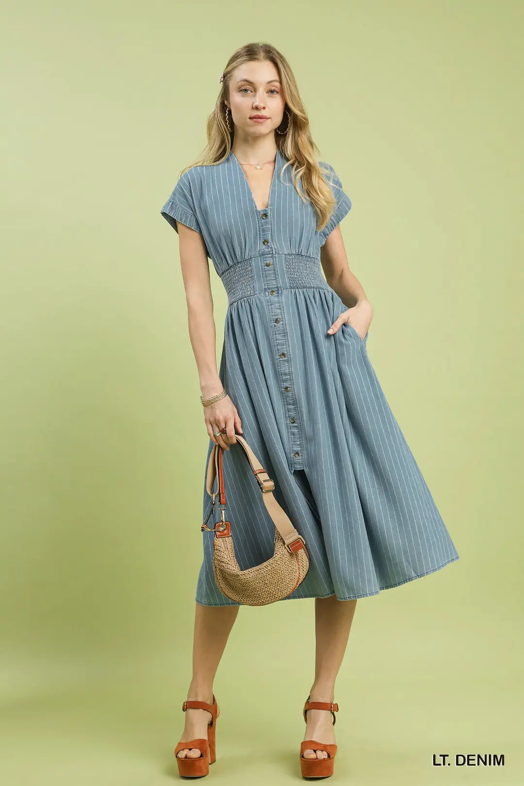 Pinstripe Smocked Waist Button-Front Midi Dress