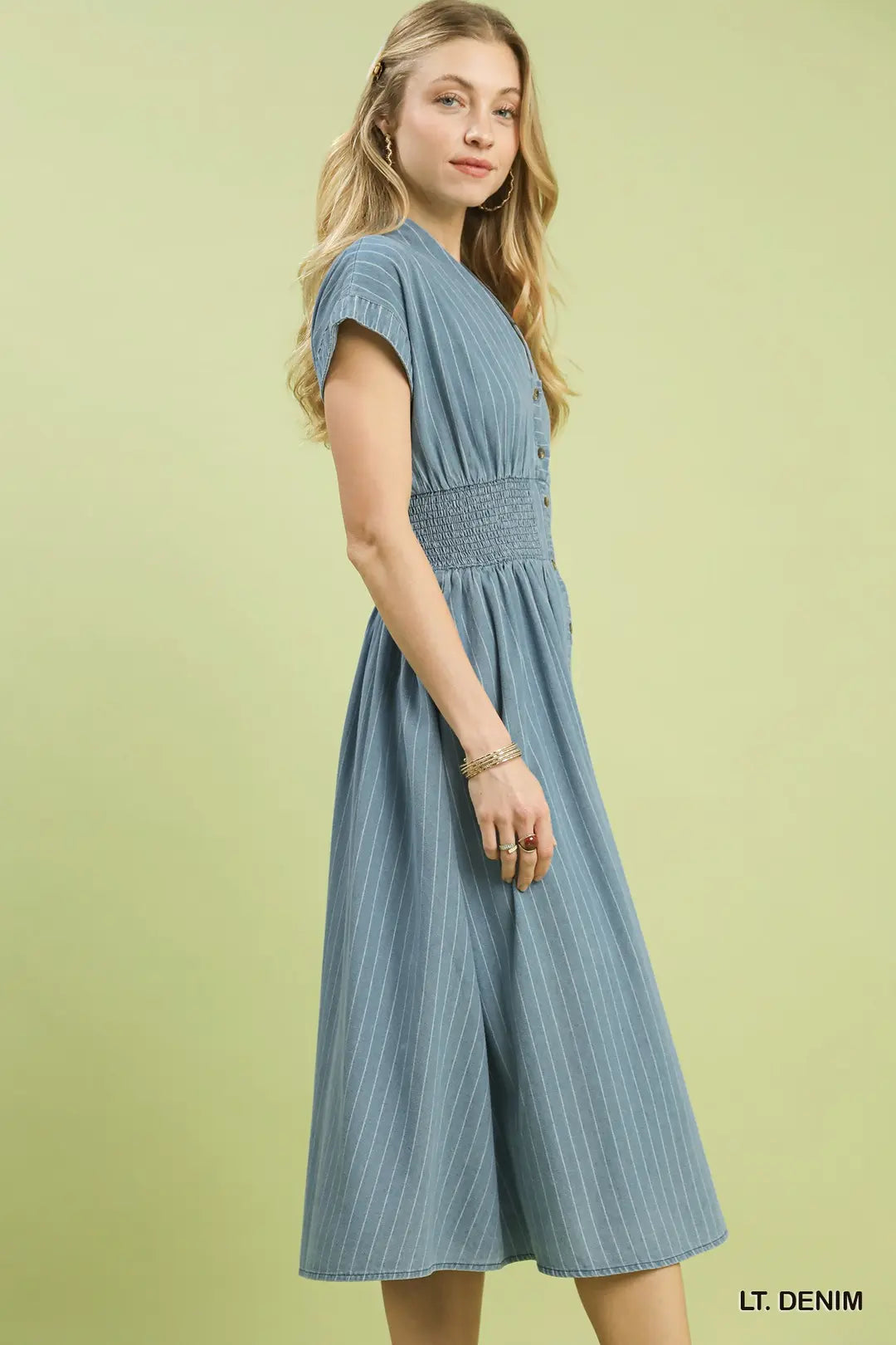 Pinstripe Smocked Waist Button-Front Midi Dress