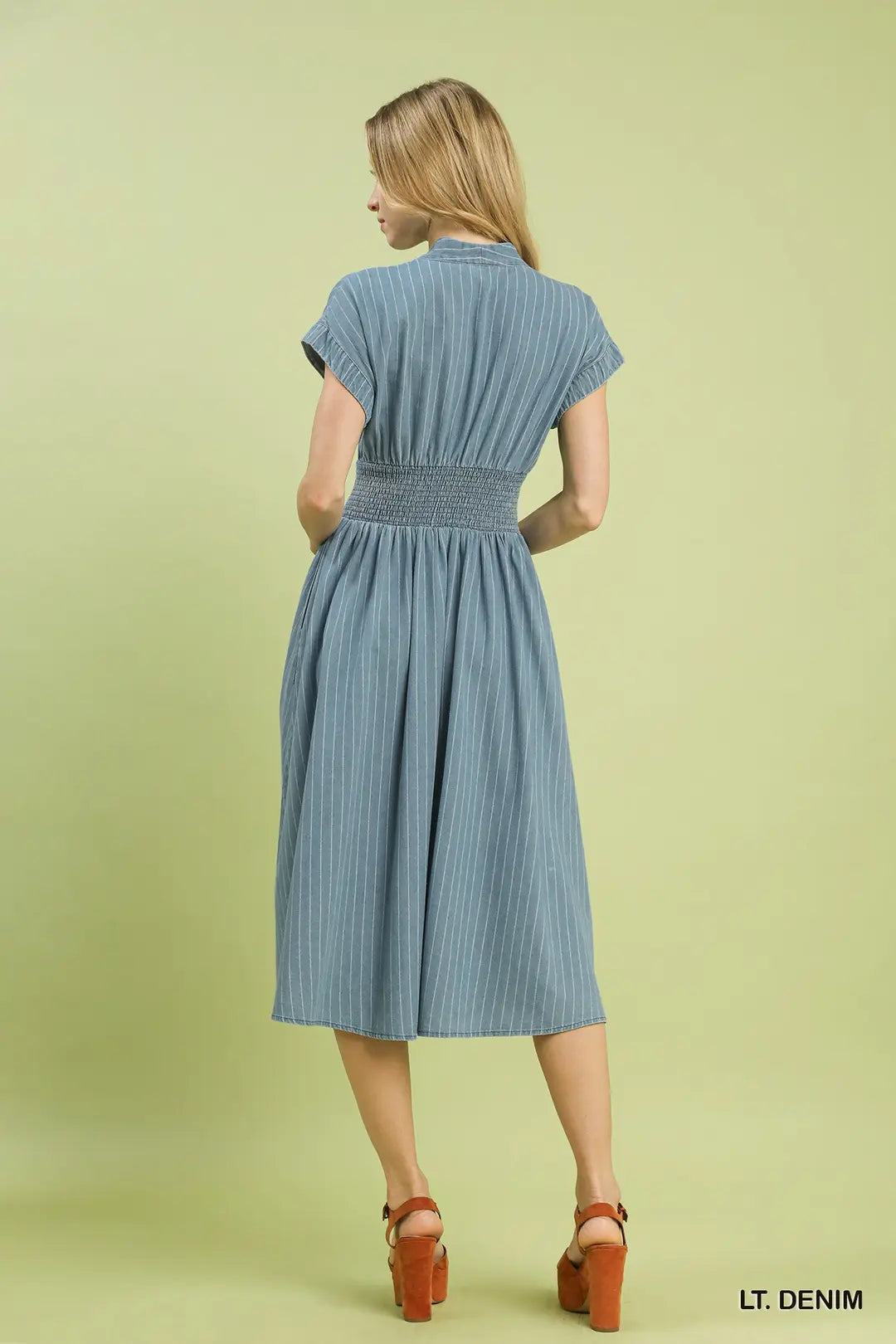 Pinstripe Smocked Waist Button-Front Midi Dress