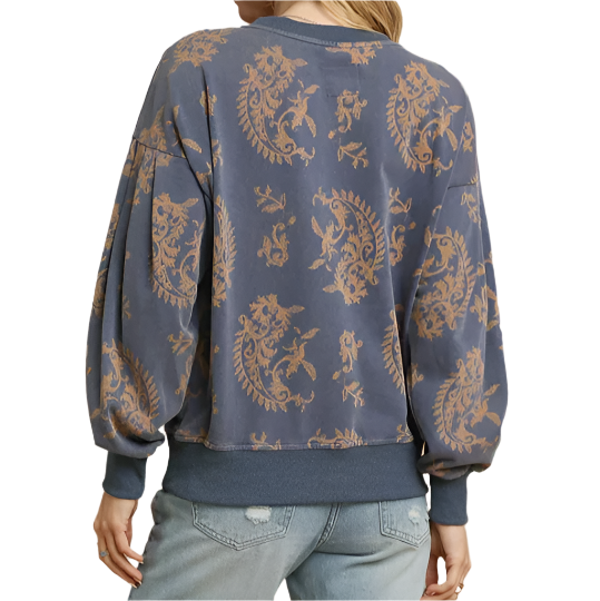 Denim Mineral Wash Paisley Print French Terry Top