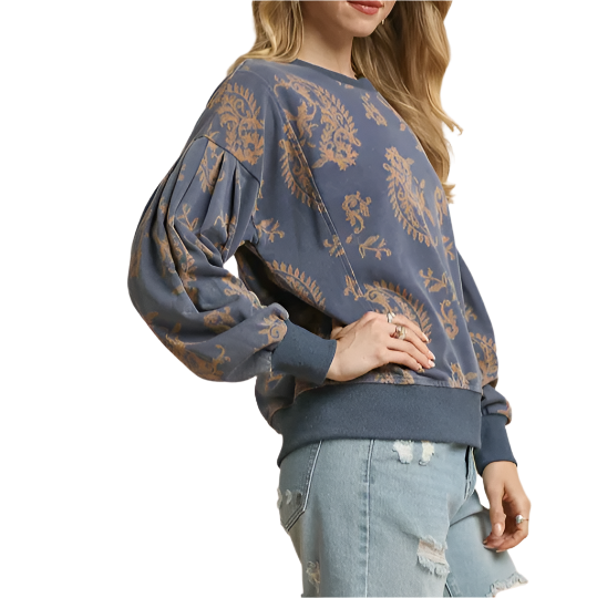 Denim Mineral Wash Paisley Print French Terry Top
