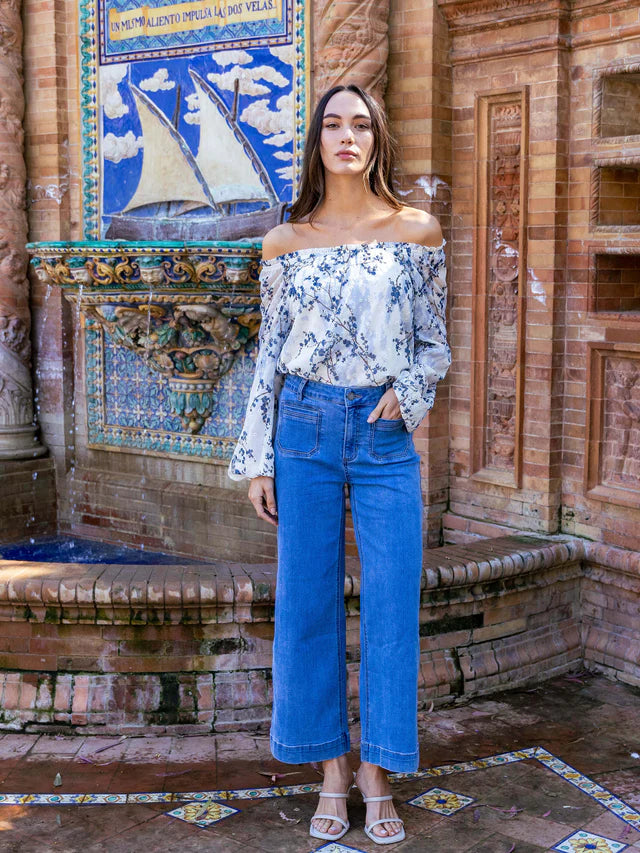 Floral Print Eyelet Off-Shoulder Blouse