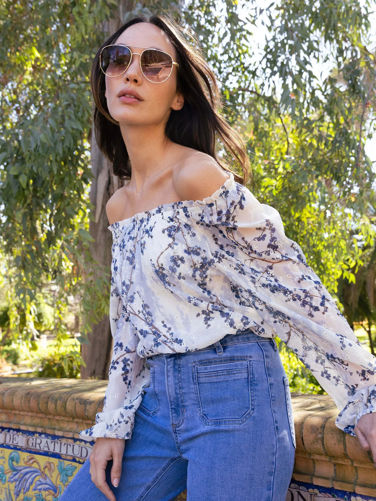 Floral Print Eyelet Off-Shoulder Blouse