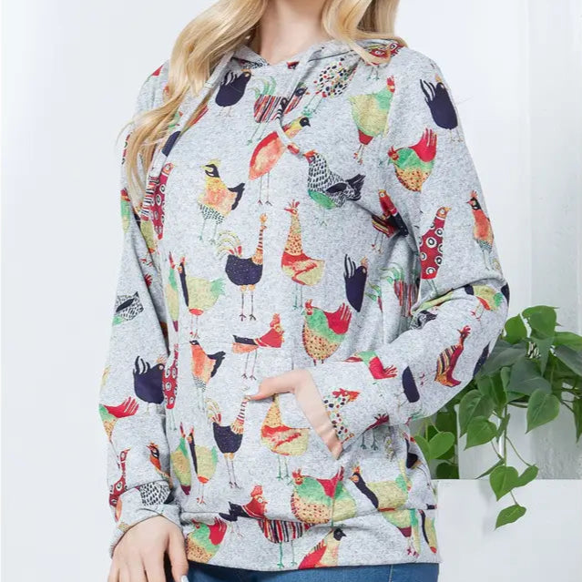 Colorful Chicken Print Knit Hoodie