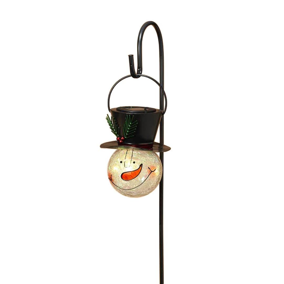 Crackle Glass Snowman Shepard Hook Solar