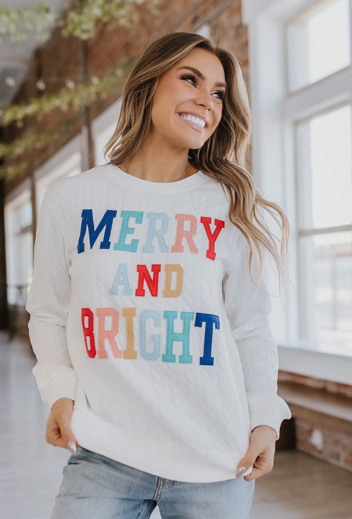 Quilted Merry &amp; Bright Letter Sweatshirt