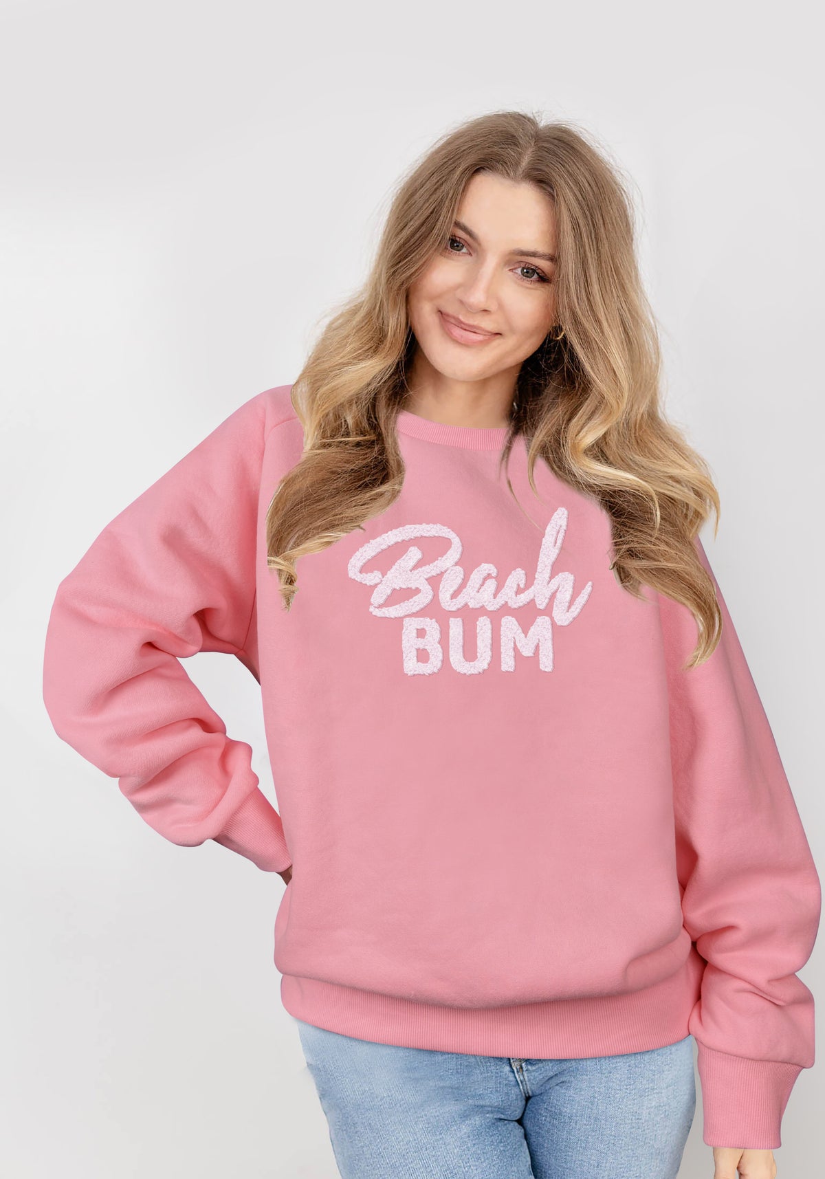Beach Bum Chenille Letter Sweatshirt Blush
