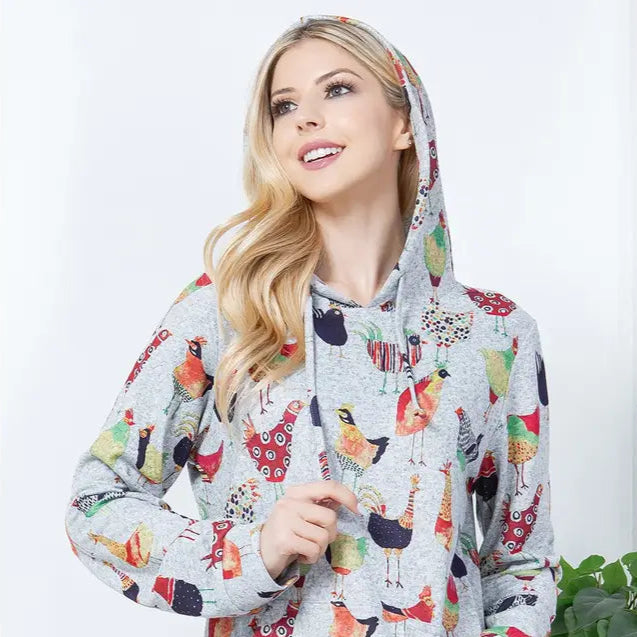 Colorful Chicken Print Knit Hoodie
